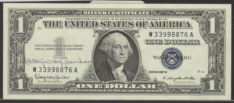 Fr.1621, 1957B $1 Silver Certificate, Courtesy Autograph of Kathryn O'Hay Granahan